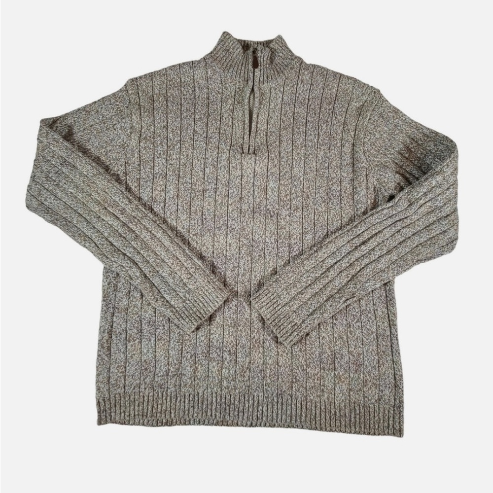 Oscar de la Renta Zip Up Ribbed Sweater L Long Sleeve Cable Knit Beige 1/4 Zip